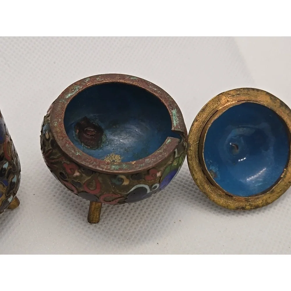 Vtg Cobalt Cloisonne Lidded Mustard Pot & Salt Cellar Set Dragon Motif‎ Chinese